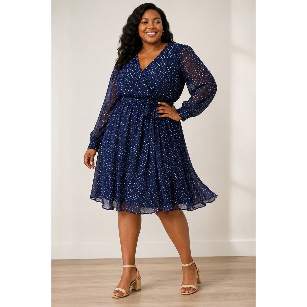 Jason Wu Navy Polka Dot Faux Wrap Swing Dress Long Sleeve 3X Belted NEW